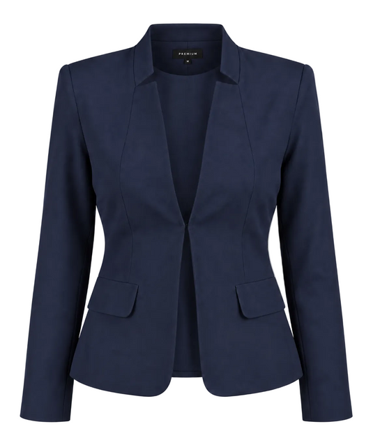 A navy blue tailored blazer with a notched lapel, structured shoulders, and flap pockets, shown on a neutral light gray background.
