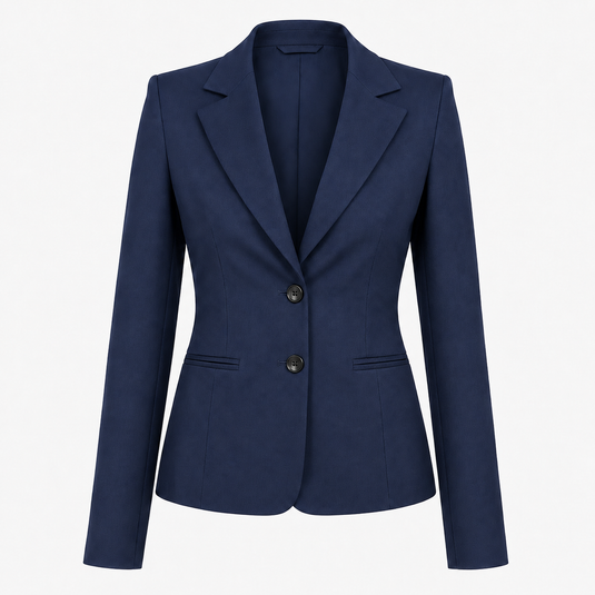 A navy blue tailored blazer with notched lapels, two dark buttons, and front welt pockets, shown on a plain light gray background.