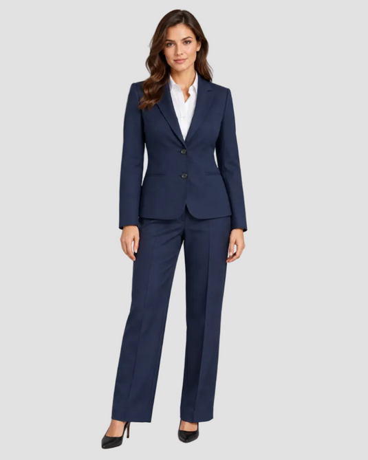 A woman modeling a navy blue two-piece pantsuit with a white collared shirt and black heels, standing against a neutral gray studio background.