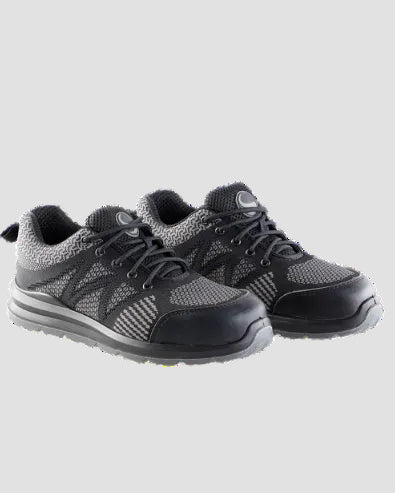 A pair of black and gray safety work shoes with textured mesh panels and a thick gray outsole, shown on a plain white background.