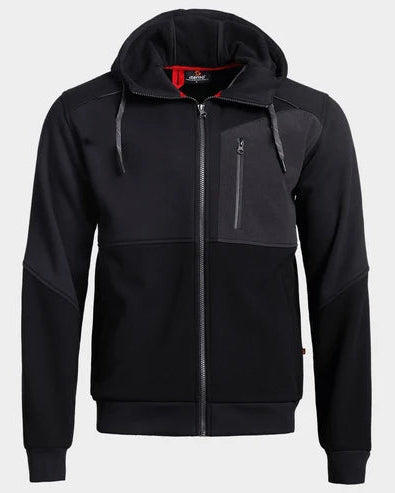 Black hoodie with a zipper on a light gray background