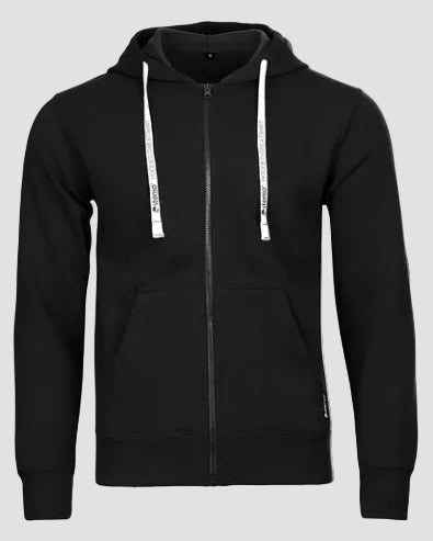 A black zip-up hoodie with white drawstrings featuring black text, displayed on a light gray background.