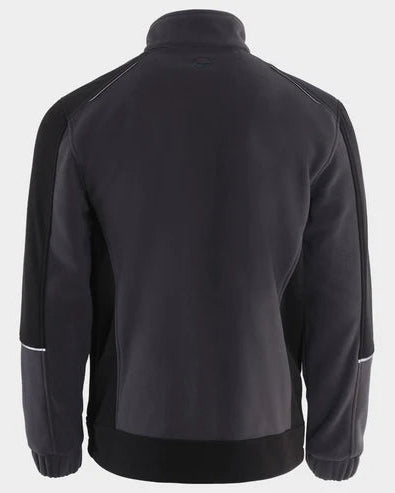 A black and dark gray colorblock fleece jacket shown from the back, featuring a mock neck, zippered back, and contrasting sleeve panels, set against a light gray background.