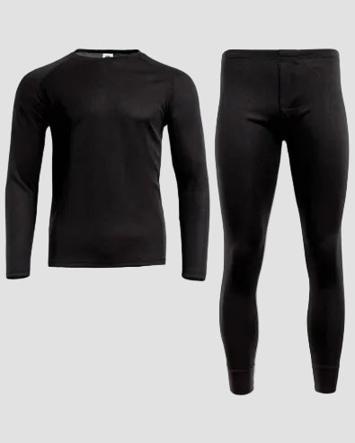 Black long-sleeve shirt and black pants on a light gray background
