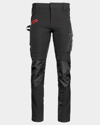 Black technical outdoor pants with integrated knee panels and a red logo on the upper left thigh, shown on a light gray background.