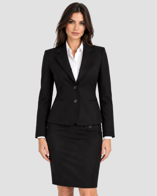 A woman modeling a black two-piece suit consisting of a tailored blazer with notched lapels and two front buttons, paired with a matching pencil skirt, over a white collared shirt, against a plain white studio background.