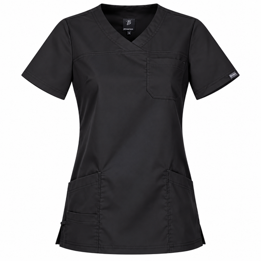 A women's black scrub top with a V-neck, short sleeves, a chest pocket, and two front patch pockets, shown on a plain white background.