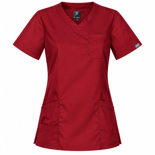 A women's short-sleeve scrub top in a solid deep red color, featuring a V-neckline, a chest pocket, and two front hand-warmer pockets, shown against a plain white background.