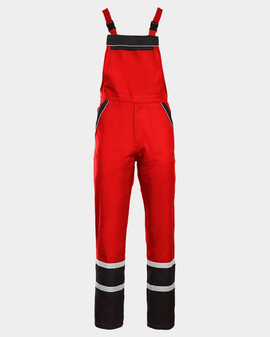 Red high-visibility work overalls with black trim and reflective silver stripes on the lower legs, shown against a light gray background.