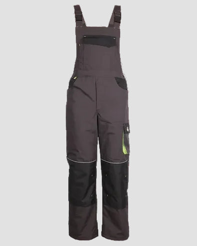 Dark gray and black work overalls with reflective details and a small lime green accent, shown against a plain white background.