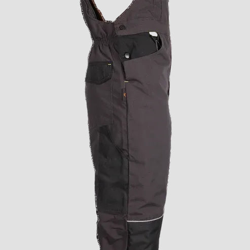 Dark gray and black waterproof bib overalls shown in a side profile view against a white background.