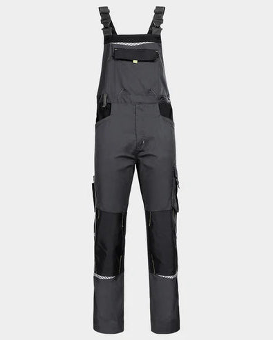 Dark gray work overalls with black knee and bib patches, adjustable shoulder straps, and utility pockets, shown against a light gray background.