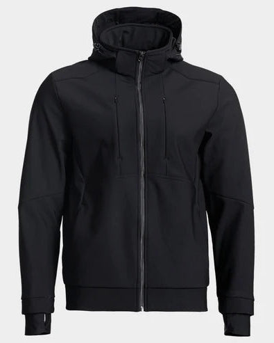 A black hooded zip-up jacket with a full front zipper, drawstring hood, and zippered chest pockets, shown on a light gray background.