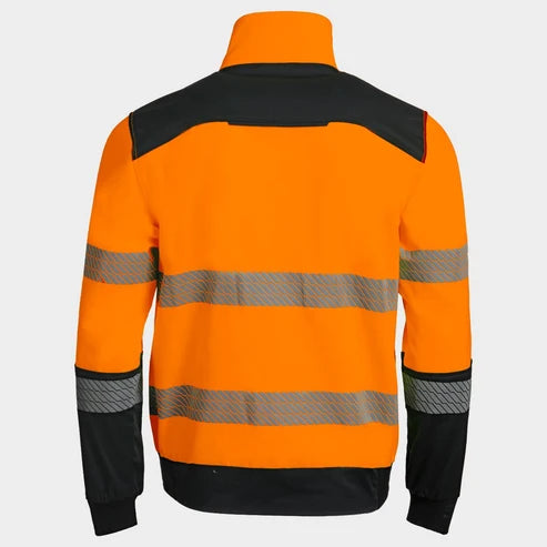 Orange safety jacket with reflective stripes on a light gray background