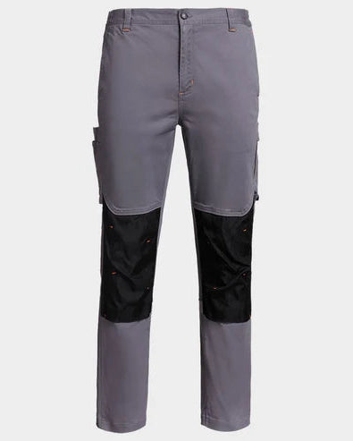 A pair of gray work pants with black reinforced knee panels, shown against a light gray background.