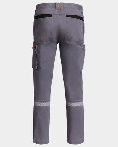 Gray work pants shown from the back, featuring black welt pockets, side cargo pockets, and reflective silver bands near the lower legs.