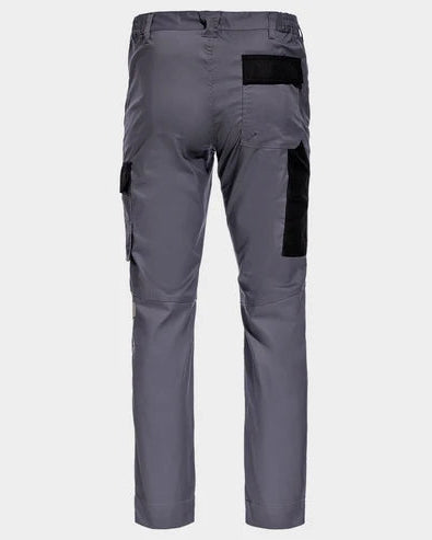 Gray pants with black patches on a light gray background