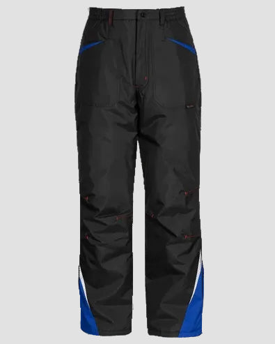 Black waterproof work pants with blue and white color-blocked accents on the sides and lower legs, shown against a plain white background.